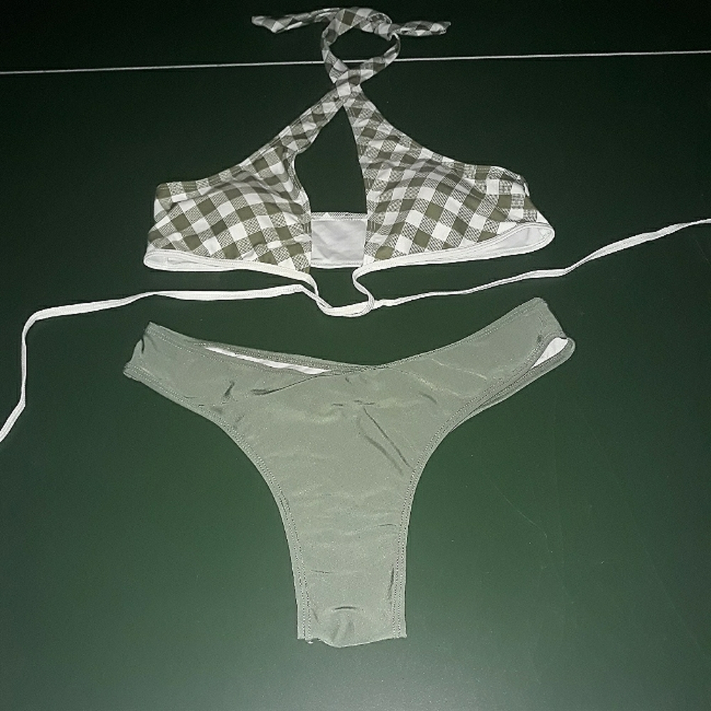 Green bikini swimsuit halter size M bathing suit two piece plaid gingham